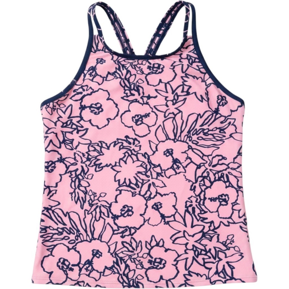 Athleta Girl Pool Days Tankini Top XL 14 Pink Navy Blue Floral Hibiscus Swimwear